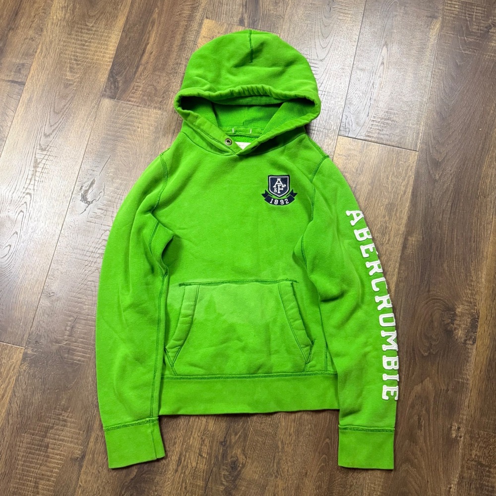 Vintage Y2K Abercrombie & Fitch Men's L Green Logo Crest Spellout Hoodie